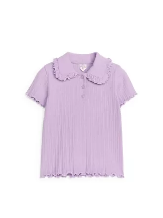 Top de punto acanalado con cuello con volantes Top de punto acanalado con cuello con volantes